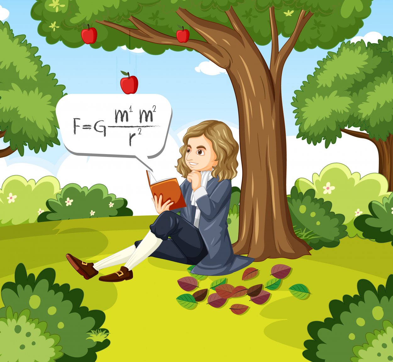 Исаак Ньютон сидит под яблоней